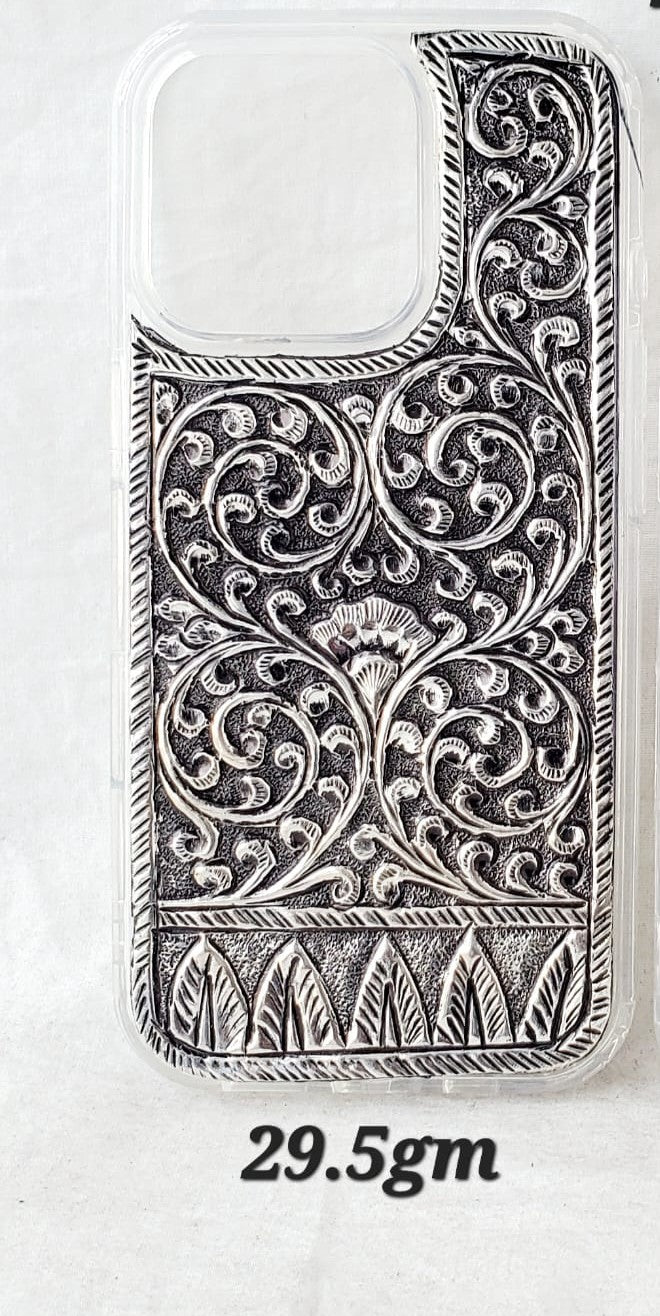 Antique Silver iPhone 16 Pro Back Cover (Floral Handcrafted Design | 29.5gm)