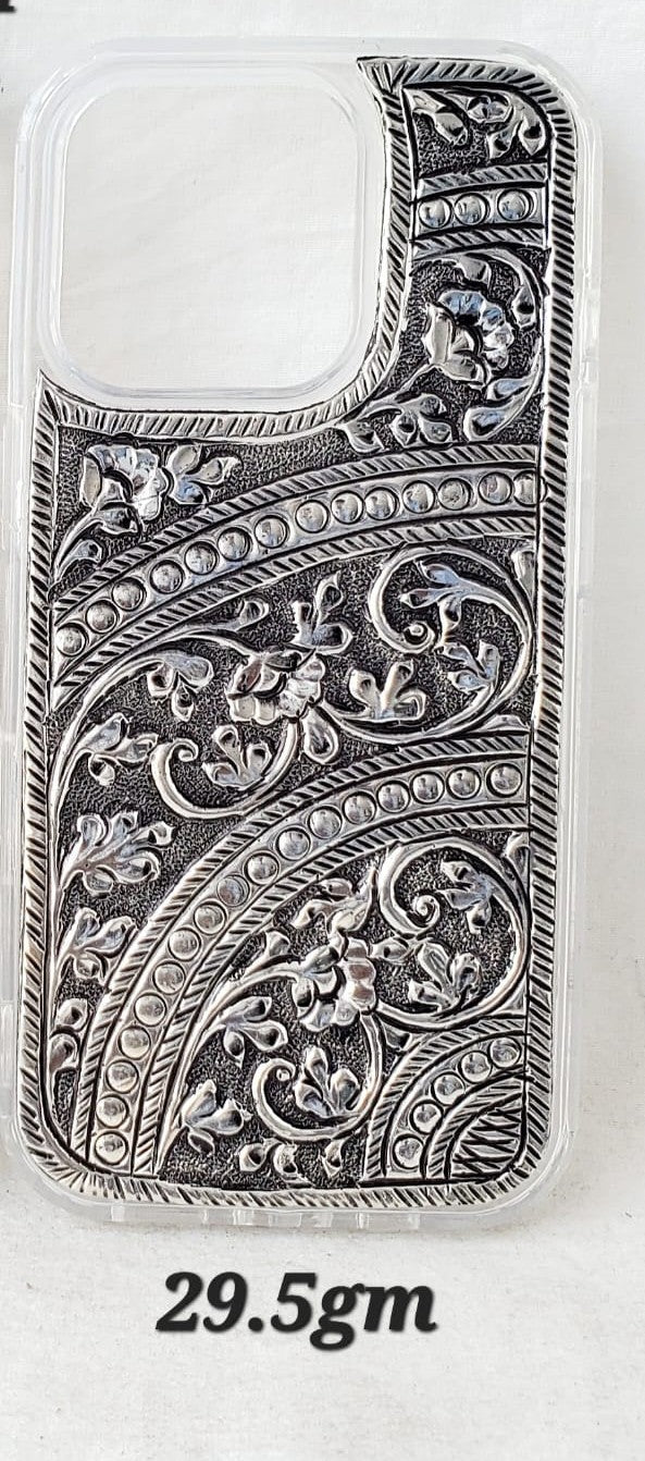 Antique Silver iPhone 16 Pro Back Cover (Royal Curved Floral Design | 29.5gm)