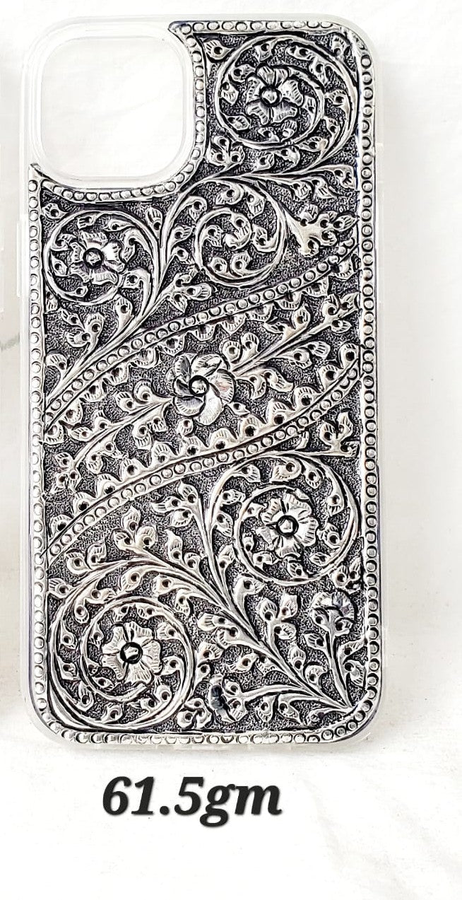Antique Silver iPhone 15 Plus Back Cover (Floral Engraved Handcrafted Design | 61.5gm)