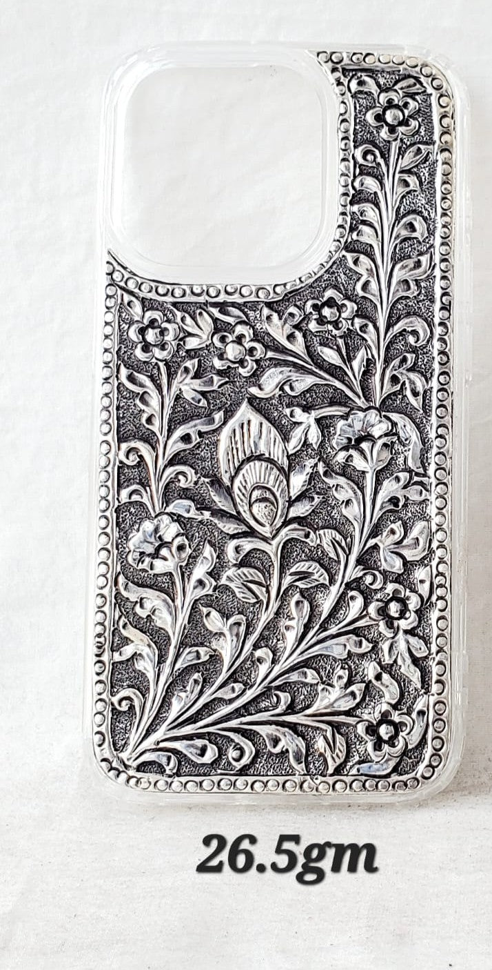 Antique Silver iPhone 15 Pro Back Cover (Elegant Floral Handcrafted Design | 26.5gm)