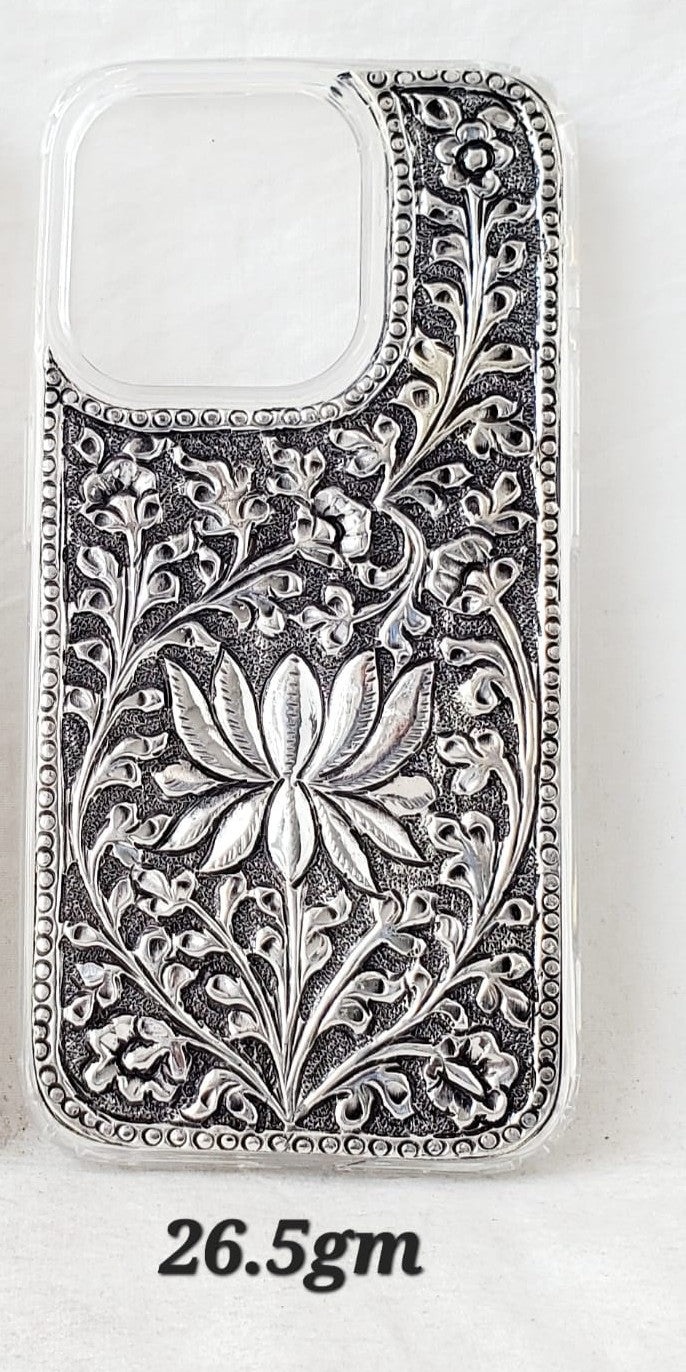 Antique Silver iPhone 15 Pro Back Cover (Lotus Handcrafted Design | 26.5gm)