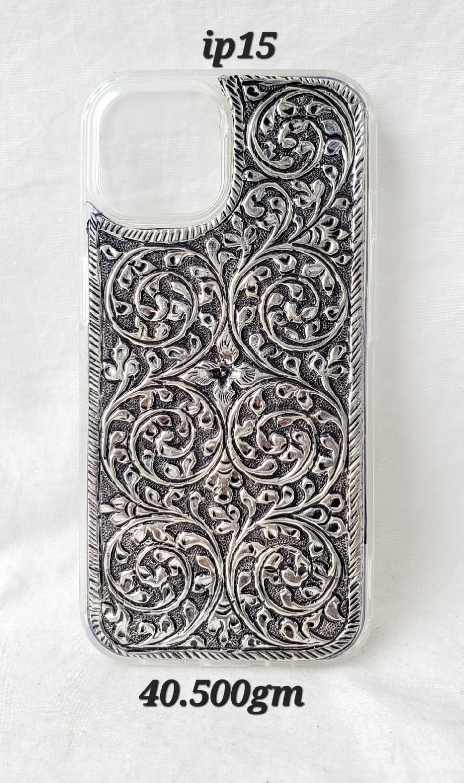Antique Silver iPhone 15 Back Cover (Classic Floral Handcrafted Design | 40.5gm)