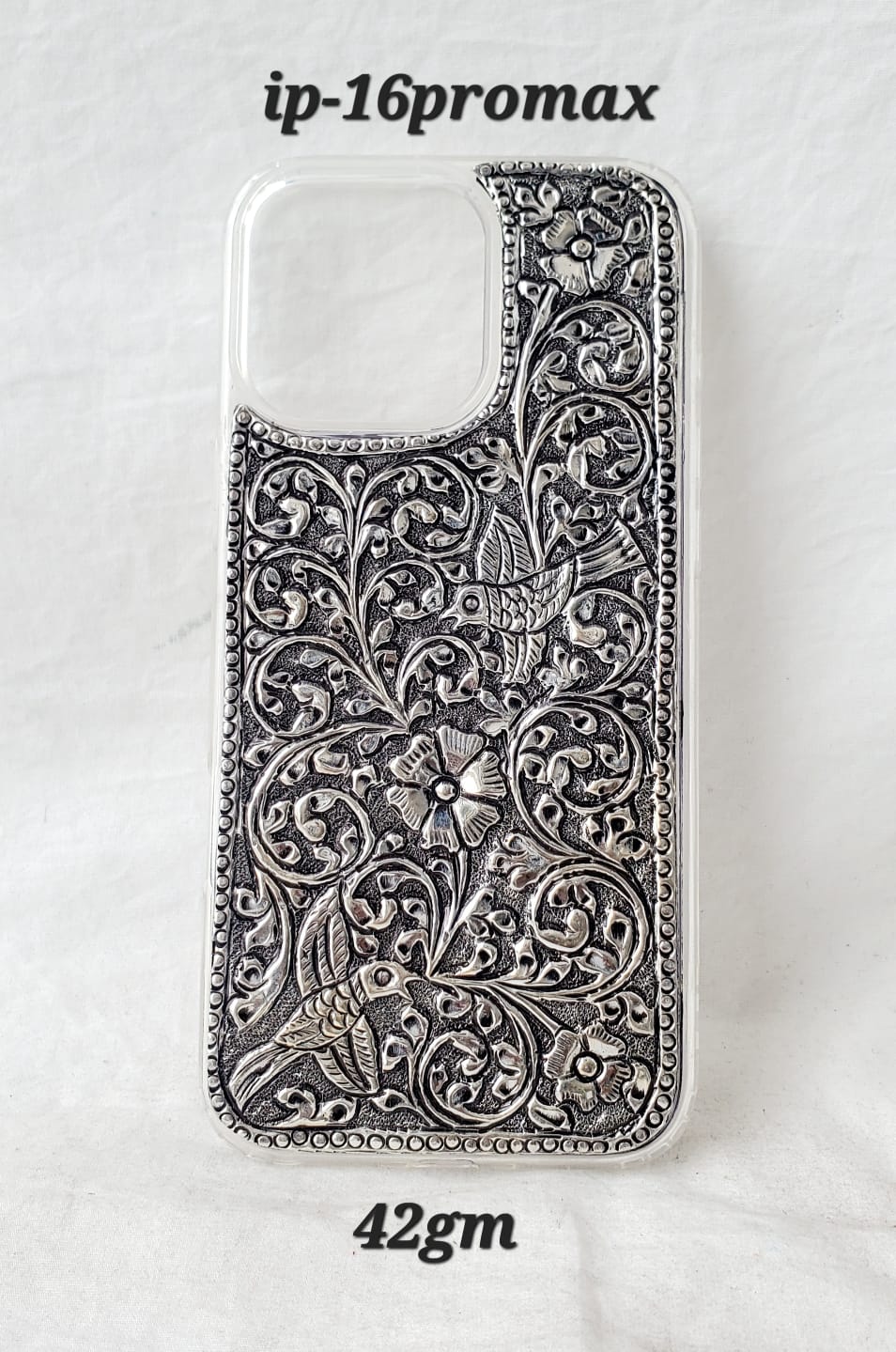 Antique Silver iPhone 16 Pro Max Back Cover (Bird & Floral Handcrafted Design | 42gm)