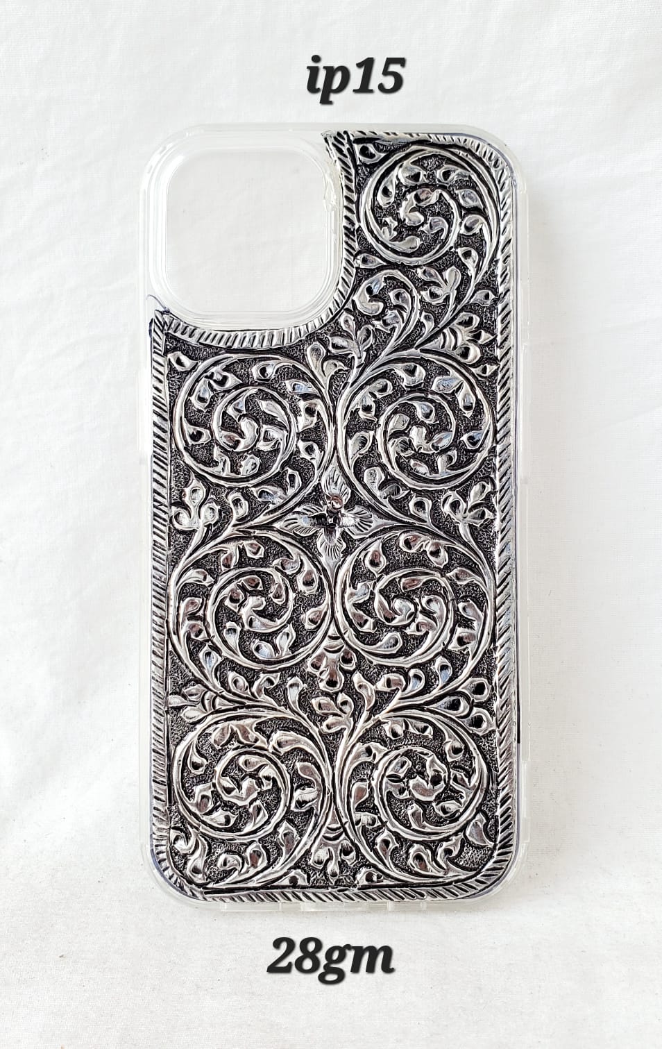 Antique Silver Floral iPhone 15 Back Cover (28gm – Handcrafted Design)