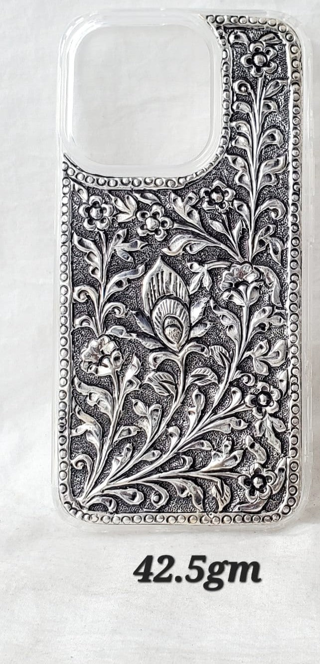Antique Silver iPhone 15 Pro Back Cover (Peacock Feather Floral Handcrafted Design | 42.5gm)