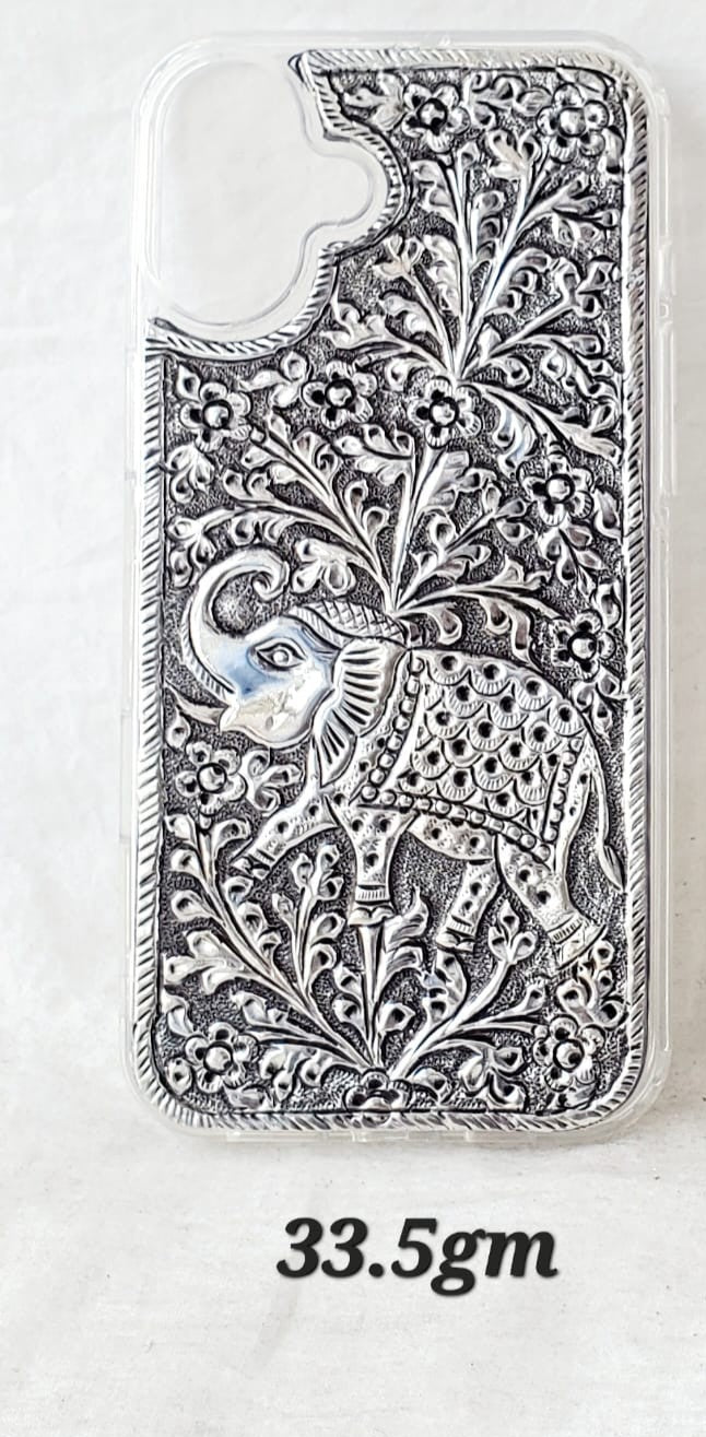 Antique Silver iPhone 16 Plus Back Cover (Royal Elephant Handcrafted Design | 33.5gm)