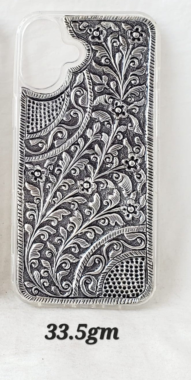 Antique Silver iPhone 16 Plus Back Cover (Curved Floral Engraved Design | 33.5gm)