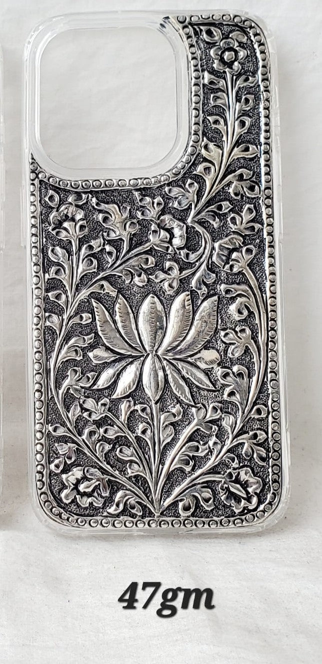 Antique Silver iPhone 15 Pro Back Cover (Lotus Floral Handcrafted Design | 47gm)