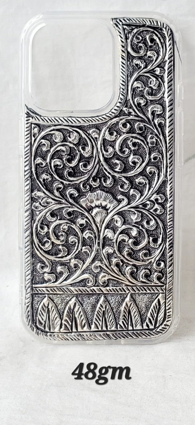 Antique Silver iPhone 16pro Back Cover (Floral Handcrafted Design | 48gm)