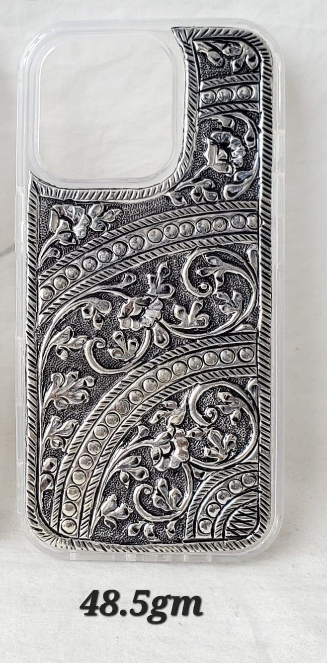 Antique Silver iPhone 16 Pro Back Cover (Curved Floral Handcrafted Design | 48.5gm)
